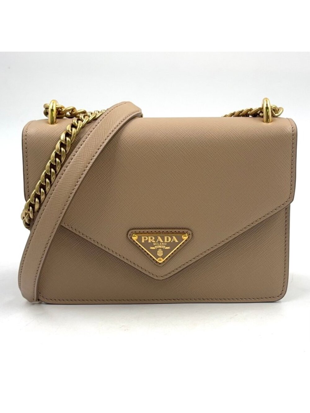 Prada Triangle Logo Saffiano Leather Beige Chain Shoulder Bag Gold